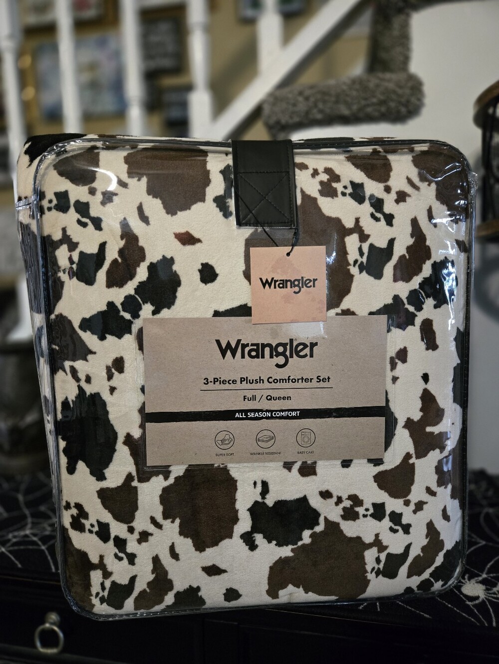 Plush Wrangler 3 Piece Comforter Set Brown & Cream Cow Print Western QUEEN